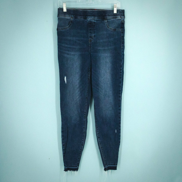 Spanx Size XL Dark Wash Distressed Pull On Raw Hem Skinny Cotton Stretch Jeans - Picture 1 of 8